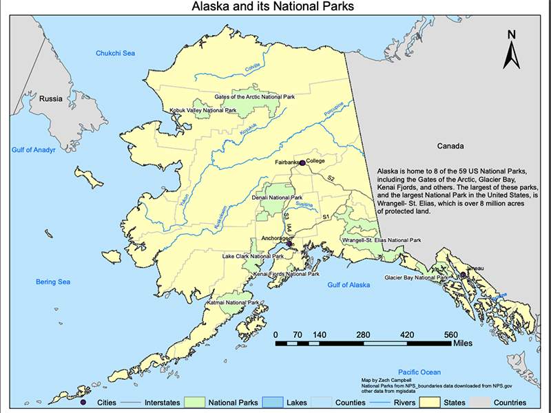 Example of student work includes a map of Alaska